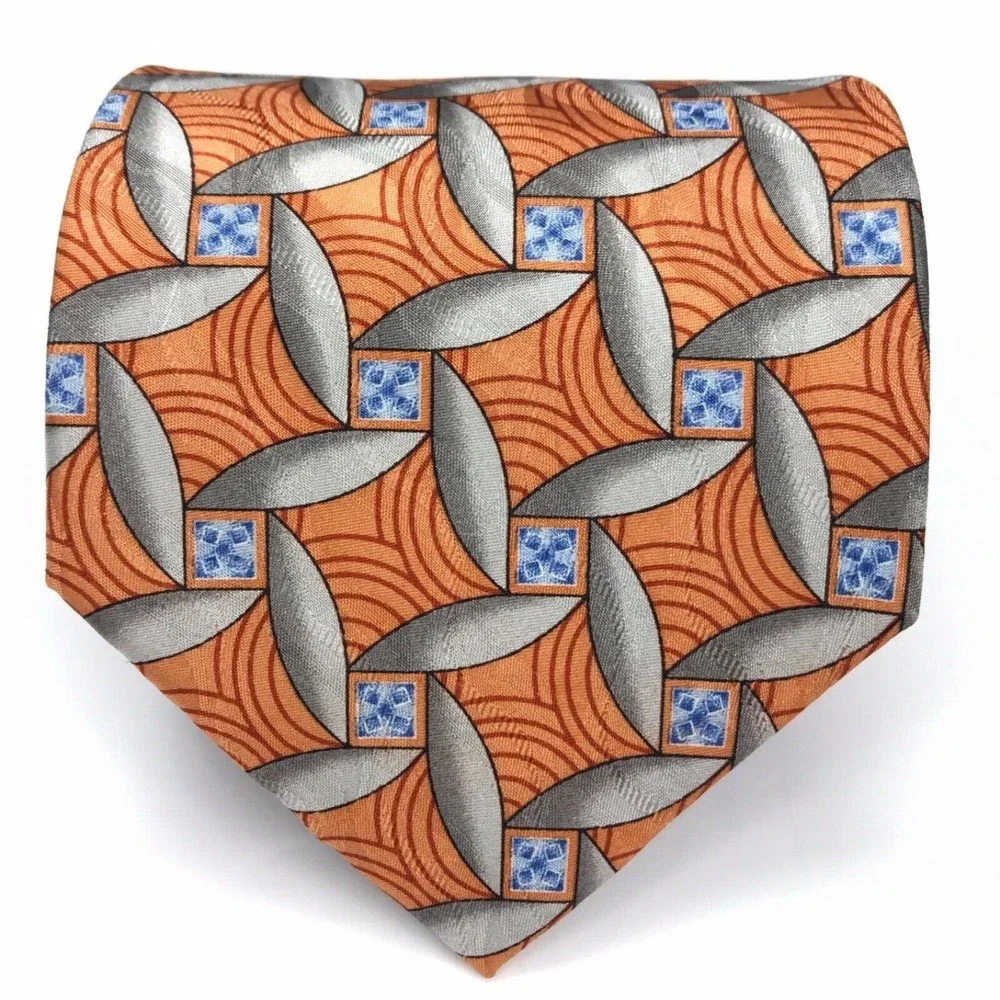 Jos A Bank Tie 100% Silk Geometric Orange Blue Gray Business Men's Necktie 58
